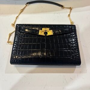 Tory Burch Lee Radziwill Black Crocodile Pattern Clutch with Chain and Lock